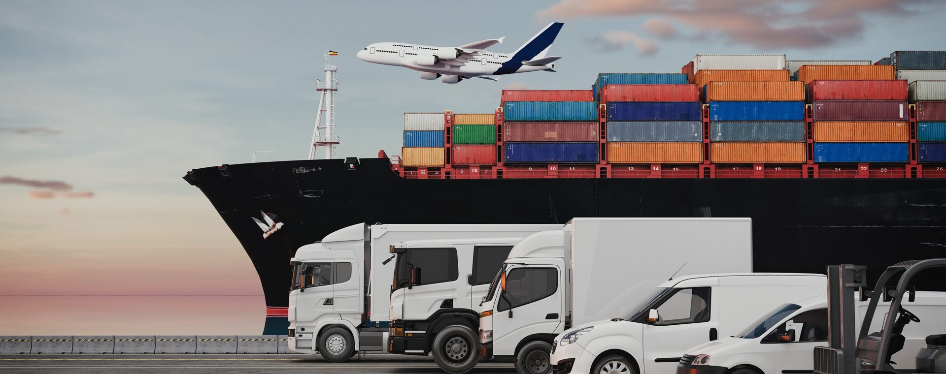 Cargo plane flying above stacked shipping containers