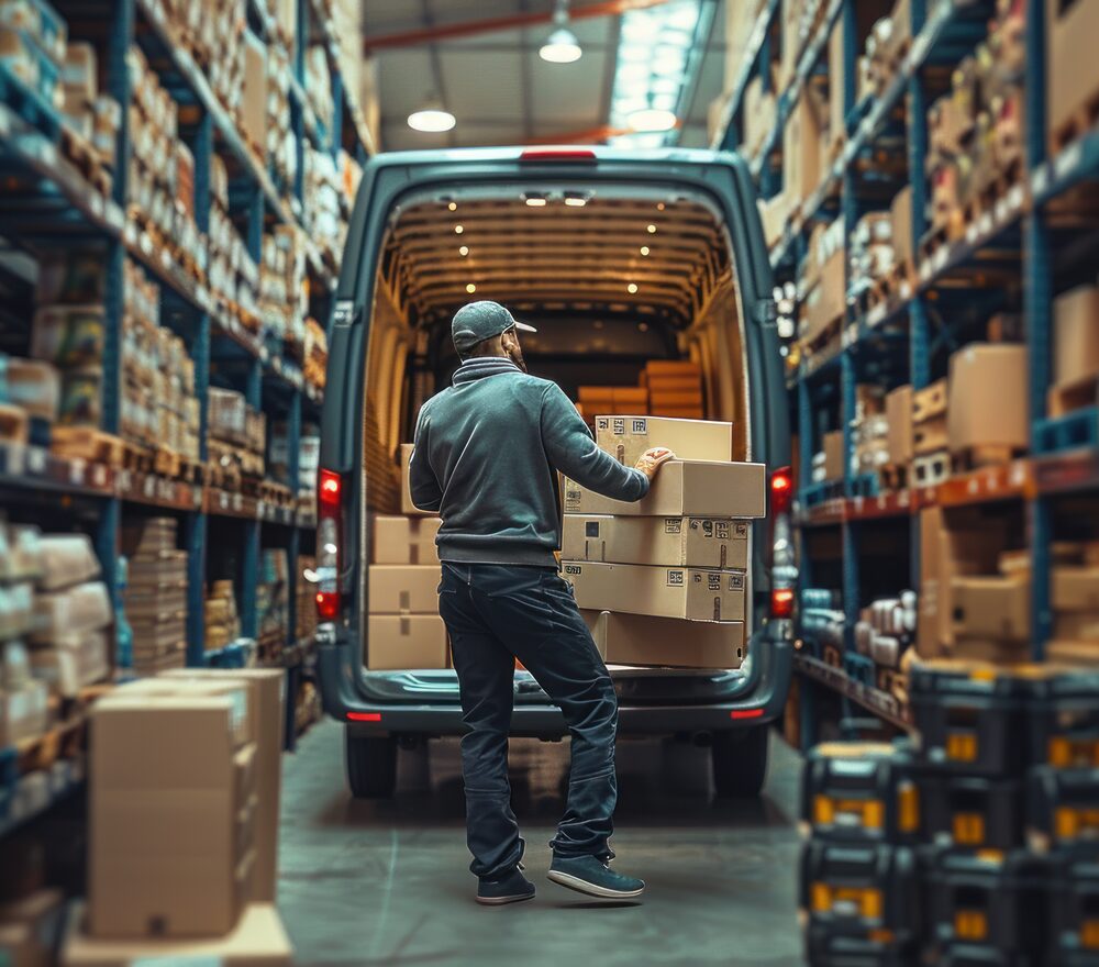 Warehouse team checking stock beside a delivery van