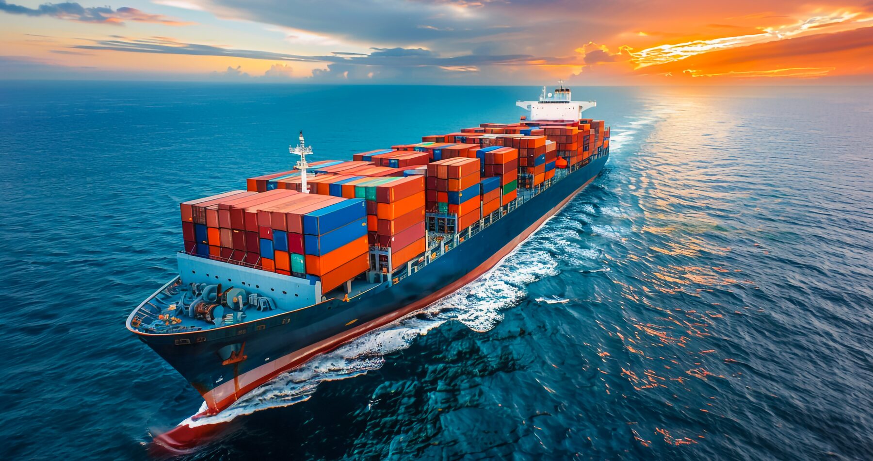 Container ship sailing into a sunset