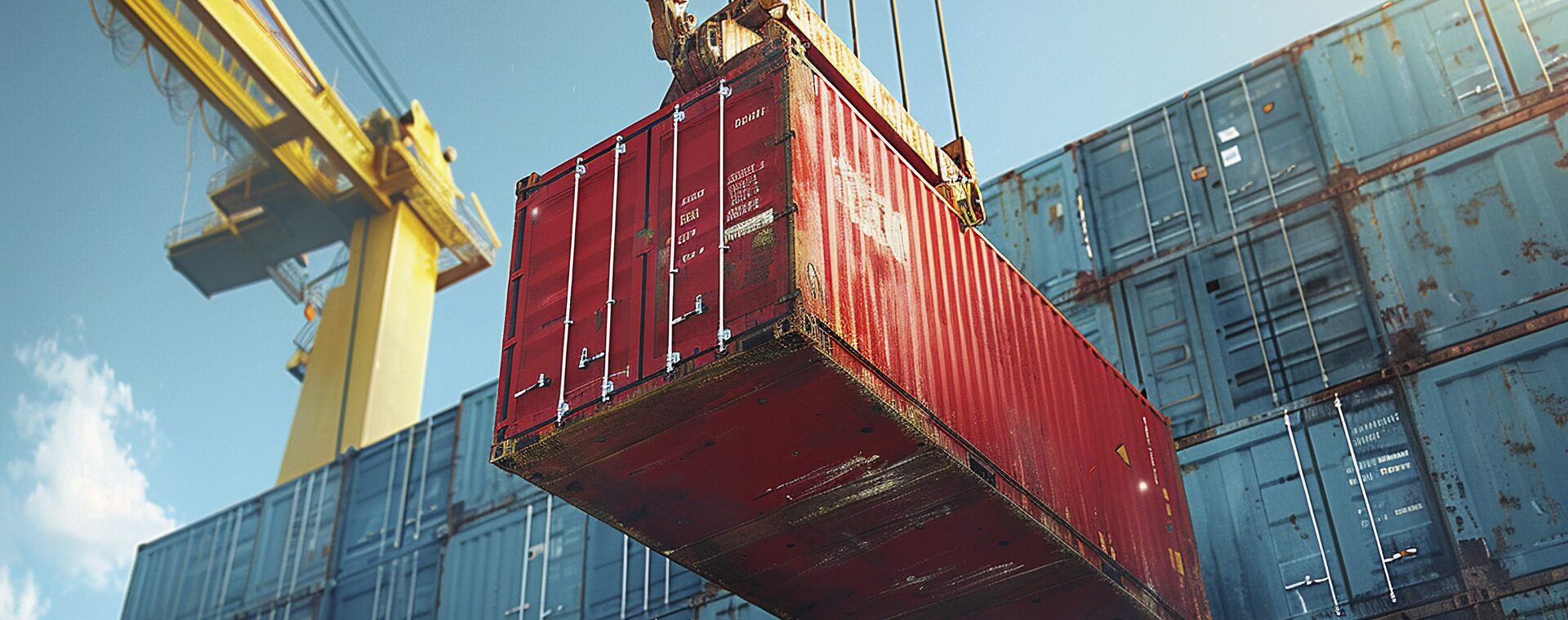Gantry crane lifting a red shipping container at a busy port