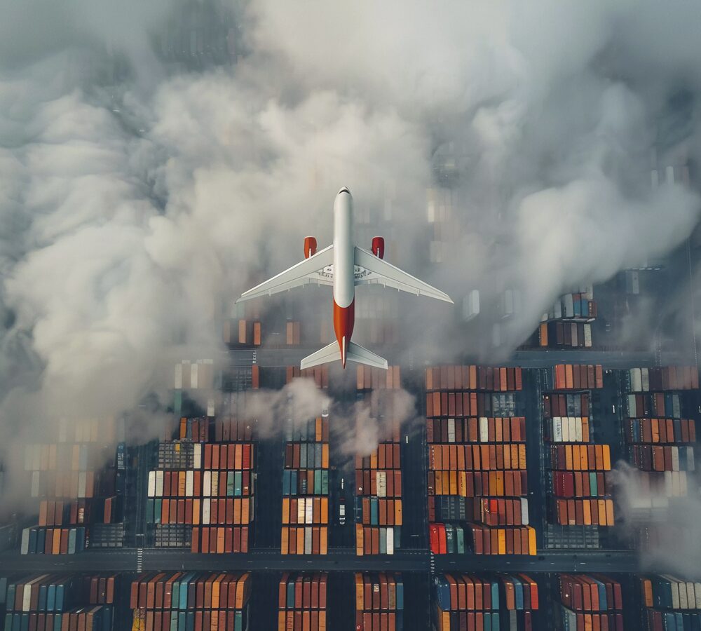 Cargo plane flying above stacked shipping containers through clouds