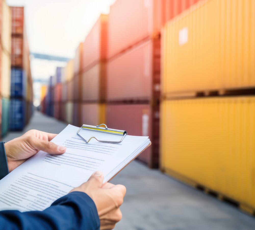 Customs officer reviewing documentation on a clipboard beside shipping containers