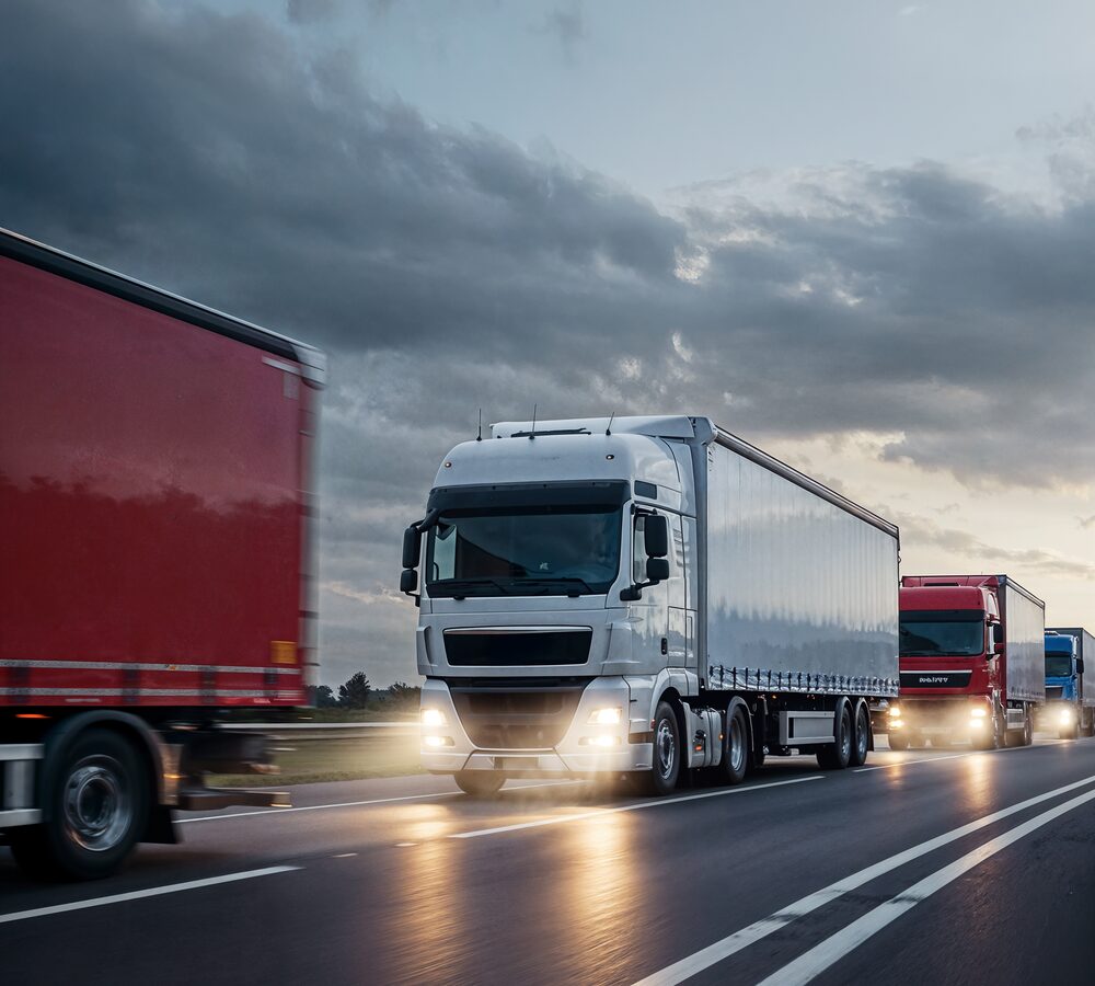 Convoy of freight trucks driving on a highway at dusk