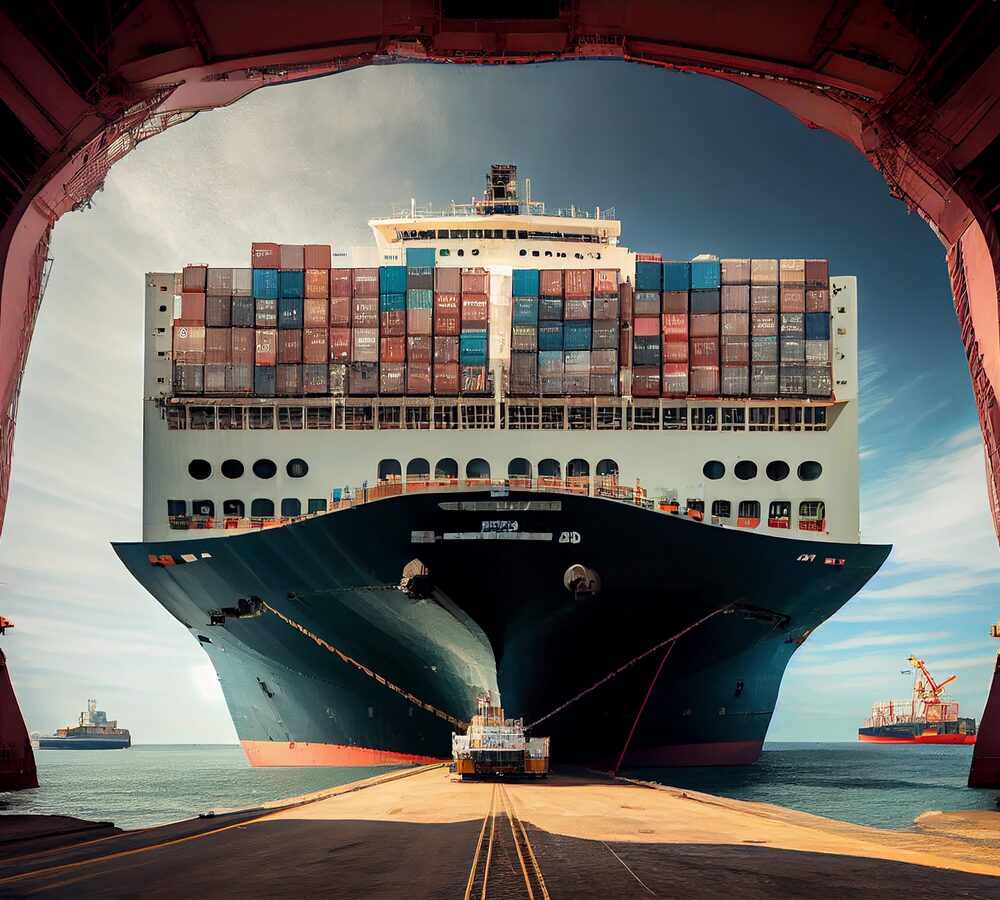 Container ship framed beneath a red port gantry crane